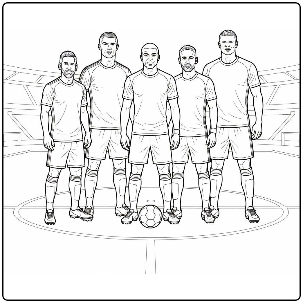 Soccer coloring page showing five star players together on the field