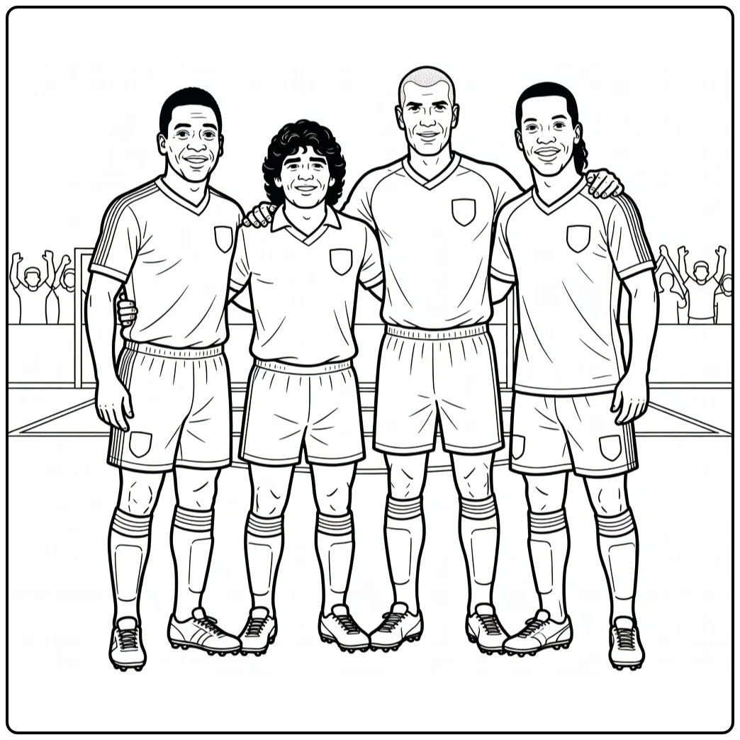 Soccer coloring page featuring Pele, Maradona, Zidane, and Ronaldinho