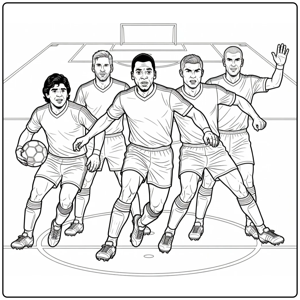 Soccer player coloring page featuring five legends in an action scene
