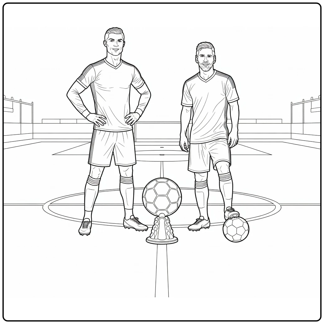 Soccer player coloring page featuring Ronaldo and Messi with a trophy