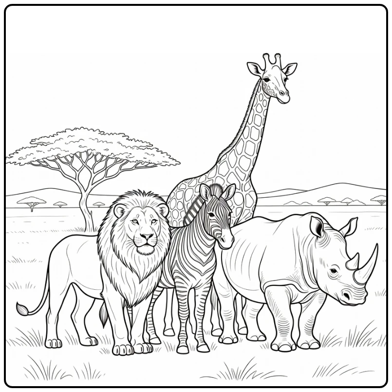 Wild animal coloring page with a lion, zebra, giraffe, and rhino