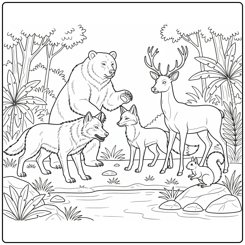 Wild animal coloring page showing several jungle animals together