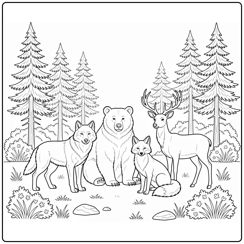Wild animal coloring page featuring a wolf, bear, fox, and deer in the forest
