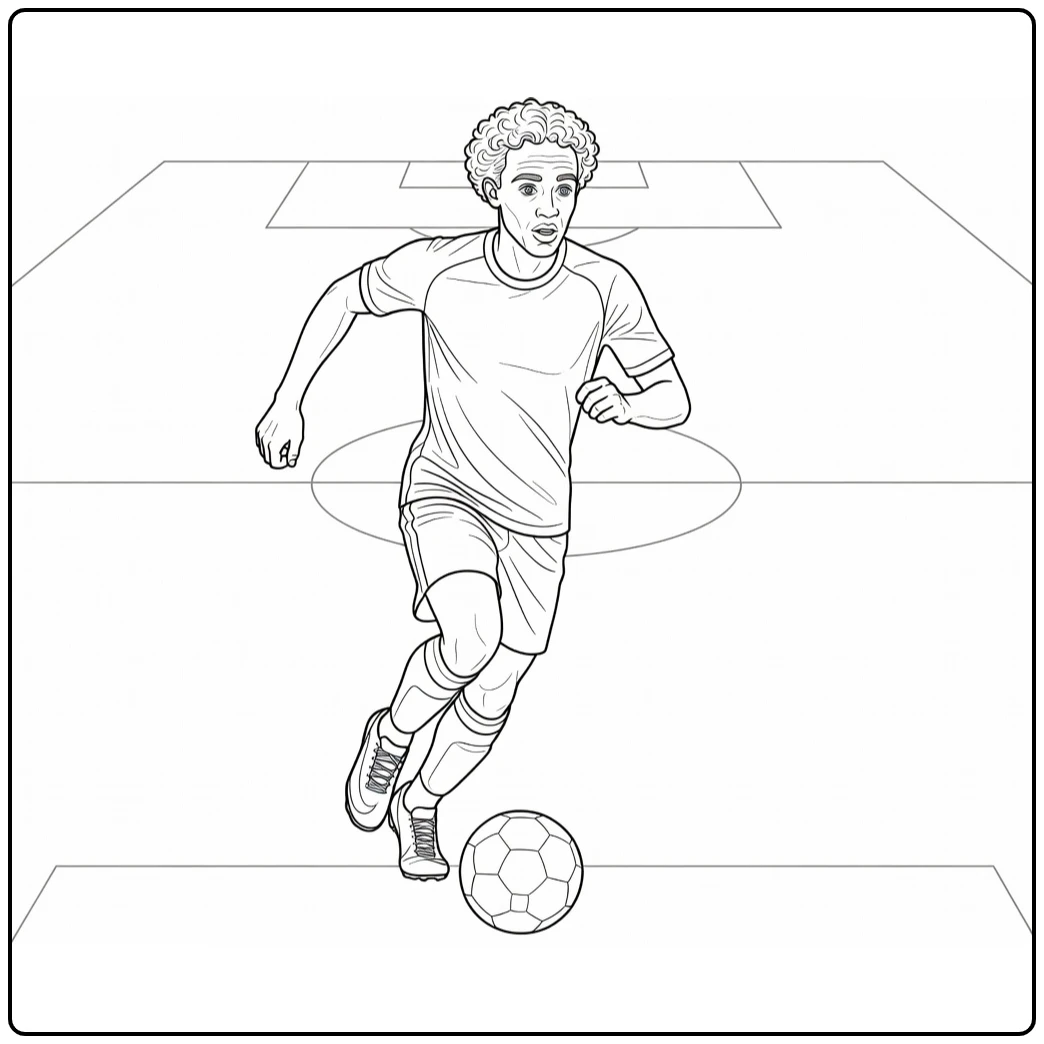 Xavi Simons coloring page showing him running in possession