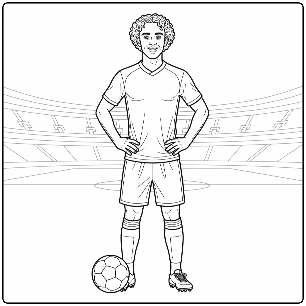 Xavi Simons coloring page featuring the player posing with a soccer ball