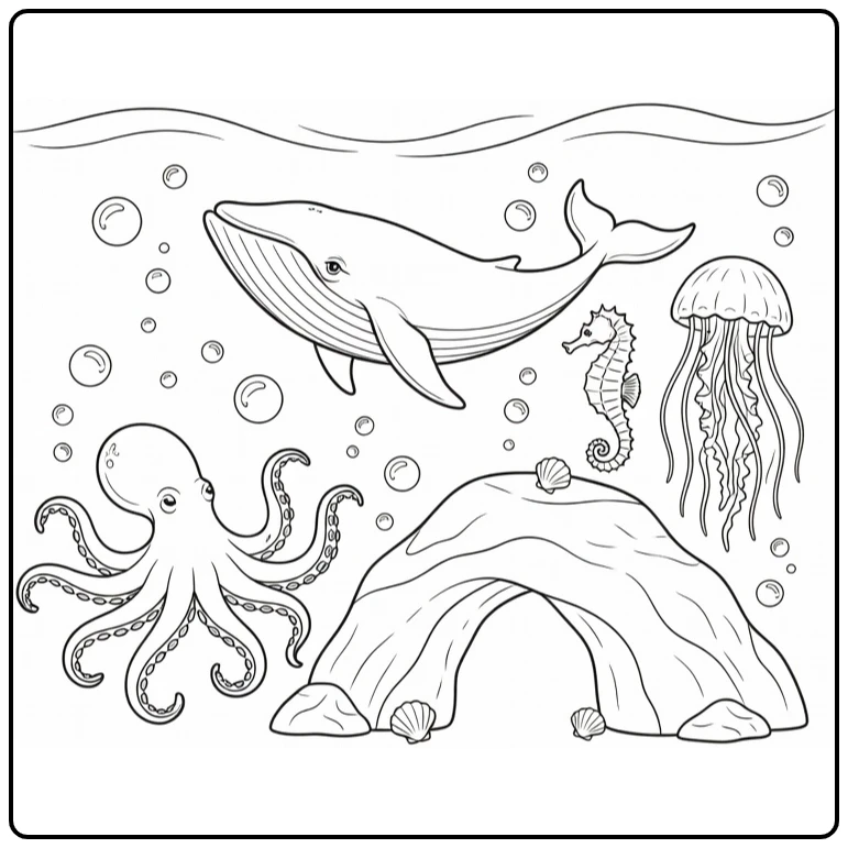 Sea animal coloring page featuring a whale, octopus, seahorse, and jellyfish