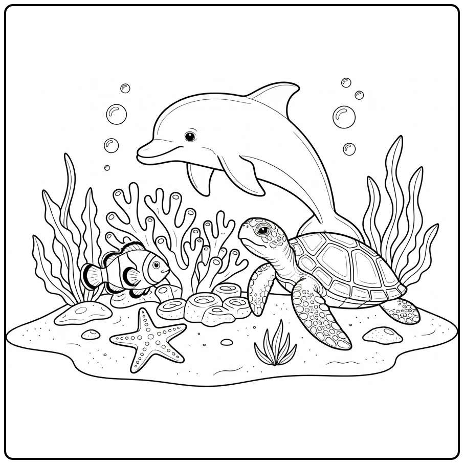 Sea animal coloring page with a dolphin, turtle, clownfish, and sea star