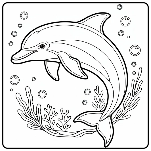 Sea animal coloring page showing a dolphin underwater with bubbles