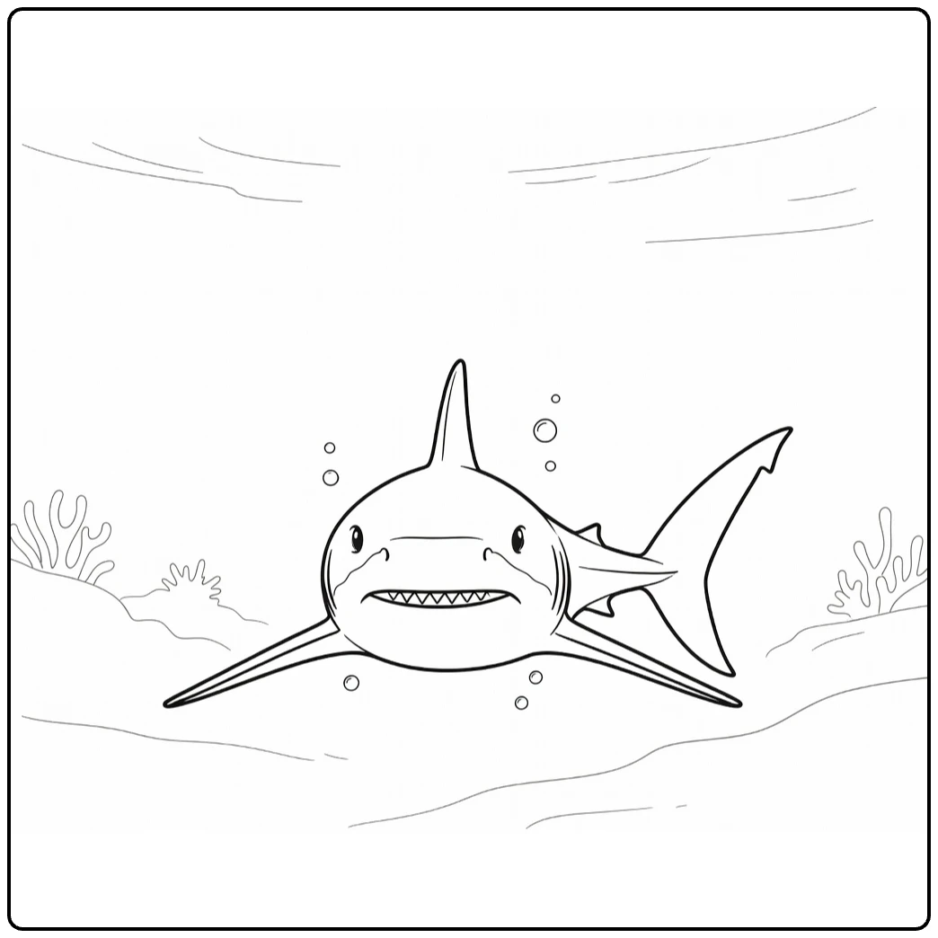 Sea animal coloring page featuring a shark with bubbles