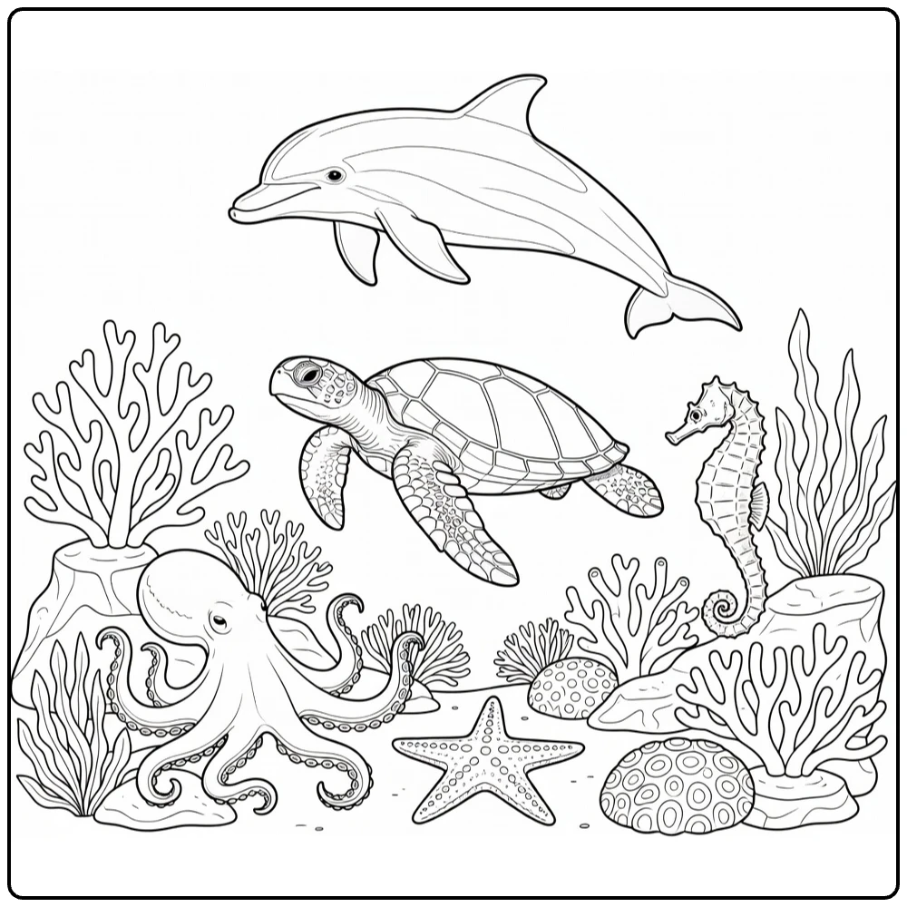 Sea animal coloring page showing several ocean animals on a reef