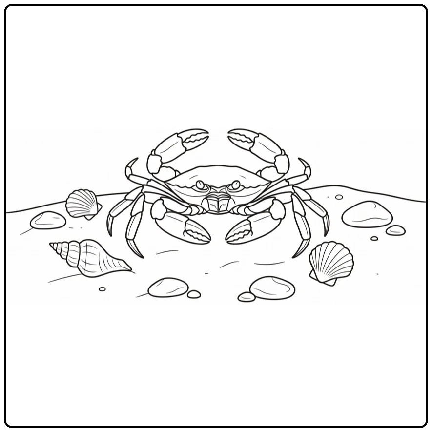 Sea animal coloring page featuring a crab on the seabed