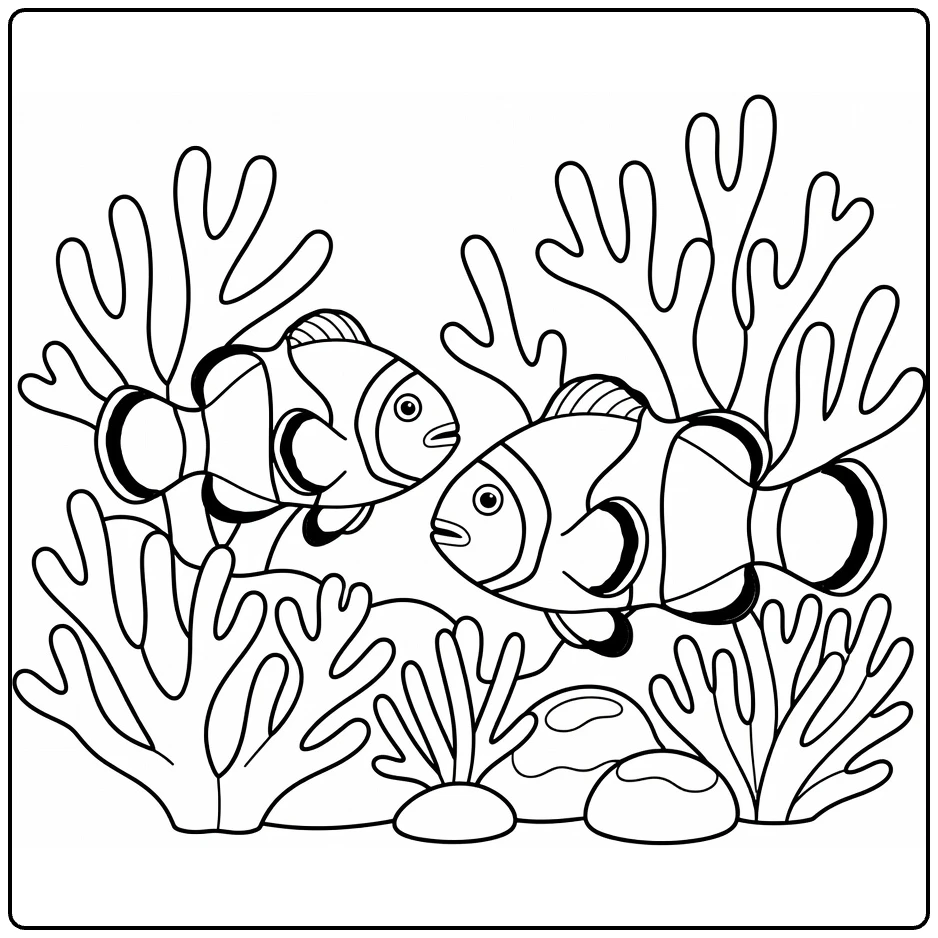 Sea animal coloring page showing clownfish near coral