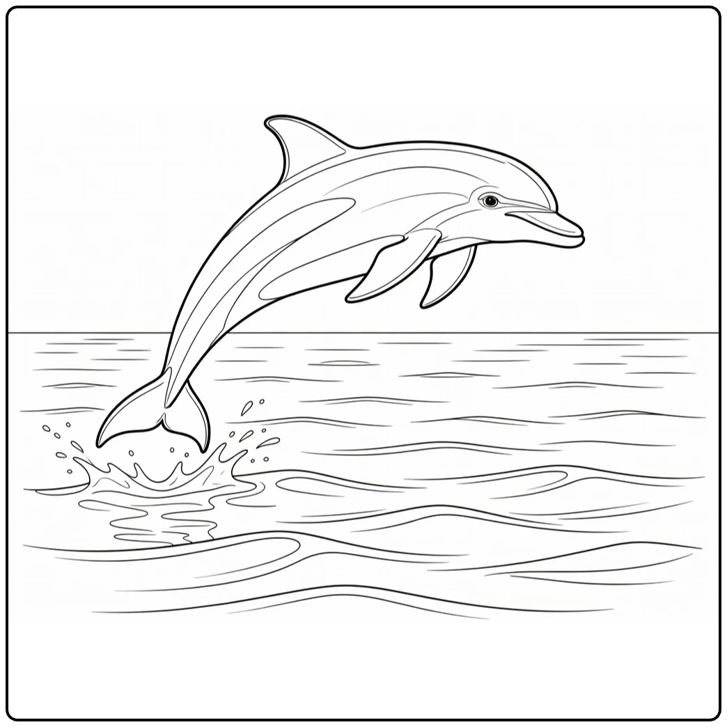 Sea animal coloring page featuring a dolphin over the ocean