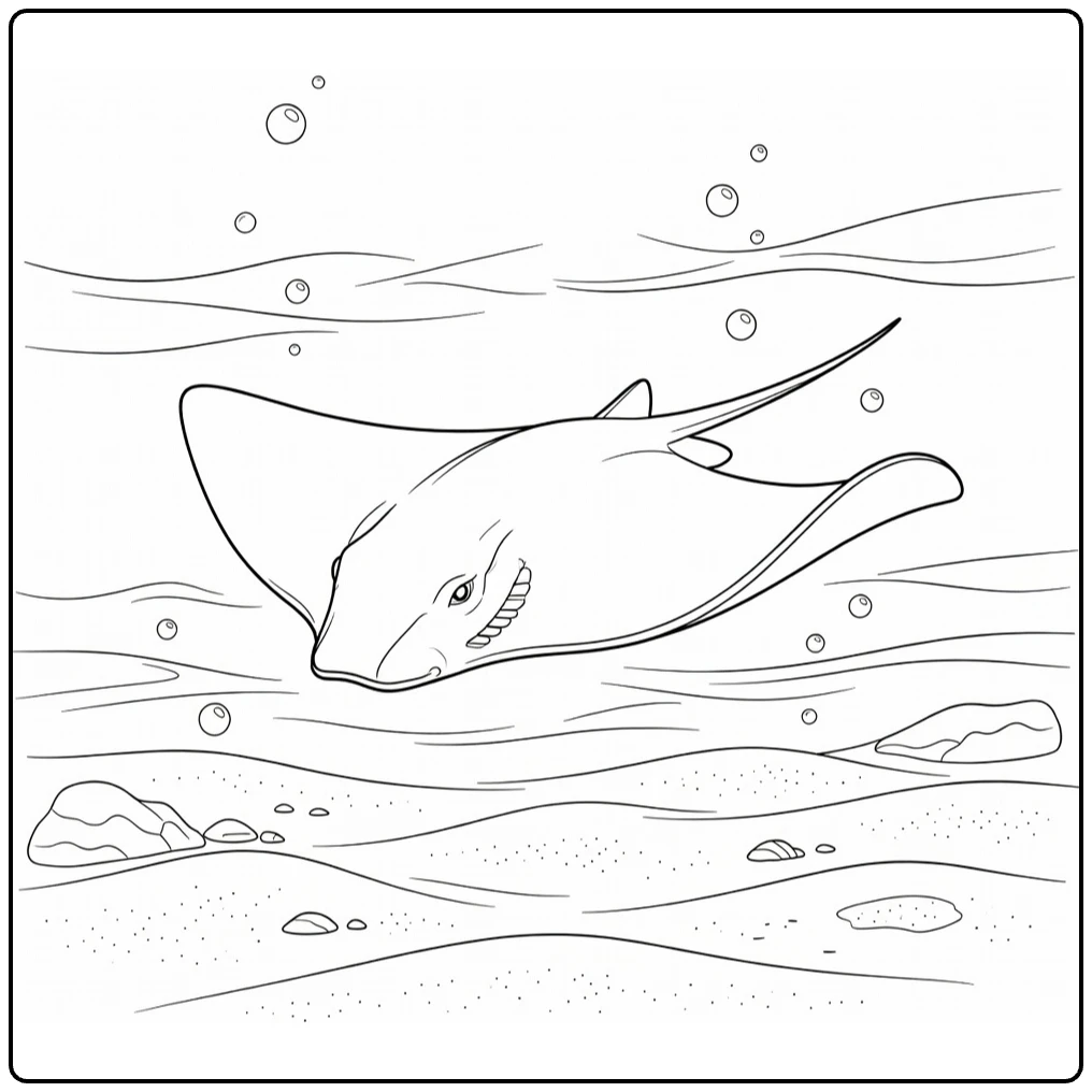 Sea animal coloring page featuring a ray over the ocean floor