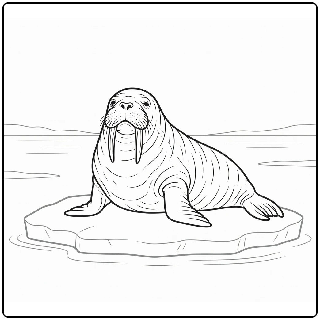 Sea animal coloring page showing a walrus on ice