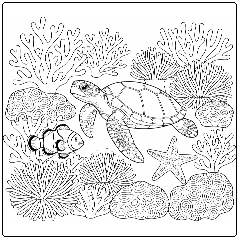 Sea animal coloring page featuring a sea turtle on a reef