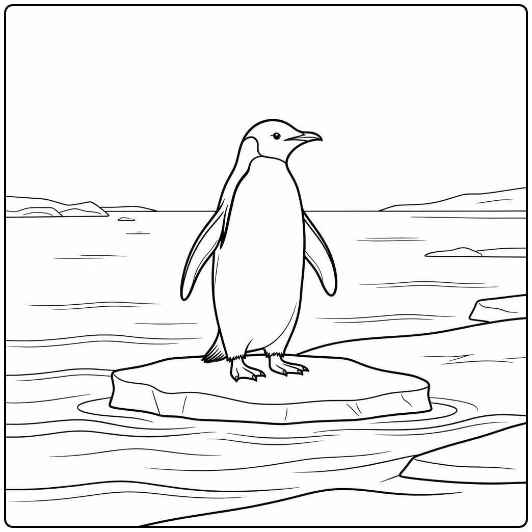 Sea animal coloring page showing a penguin beside sea ice