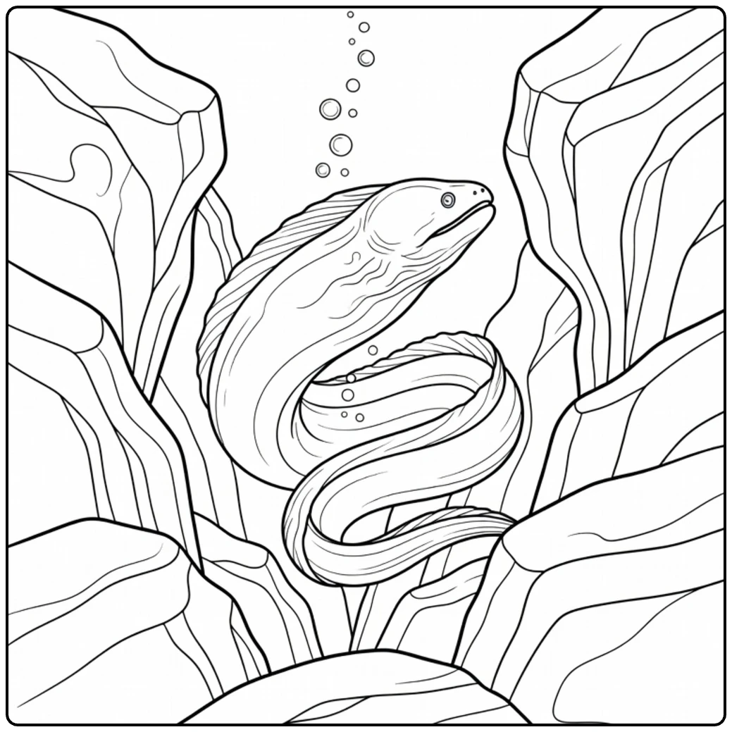 Sea animal coloring page featuring an eel between rocks