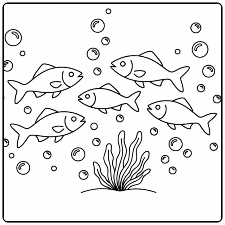 Sea animal coloring page featuring a small school of fish