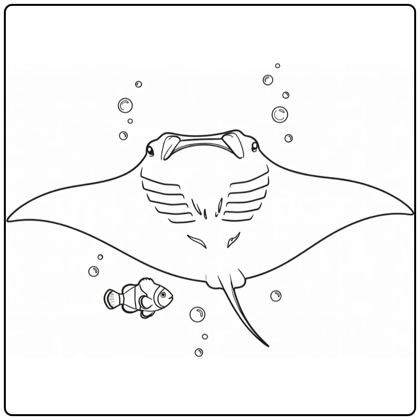 Sea animal coloring page featuring a manta ray in open water