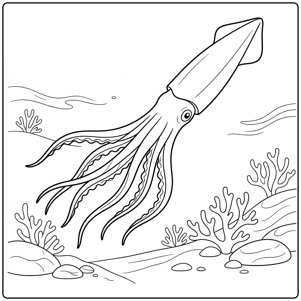 Sea animal coloring page showing a squid swimming upward