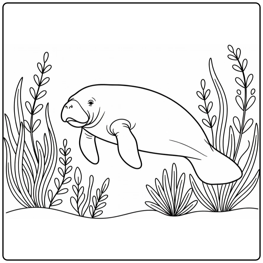 Sea animal coloring page featuring a manatee underwater