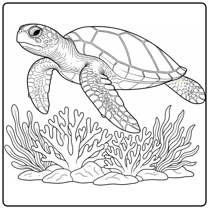 Sea animal coloring page featuring a sea turtle over coral