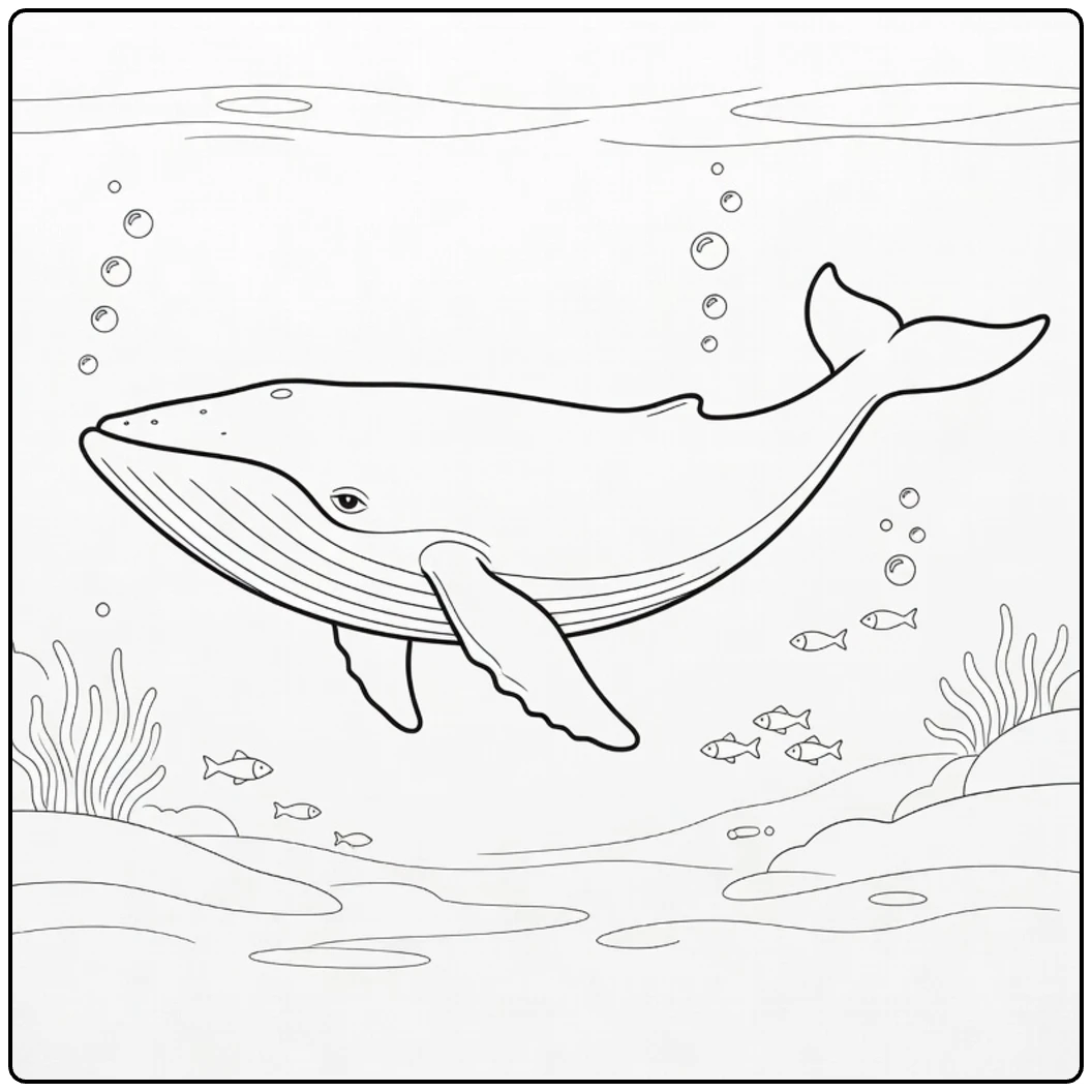 Sea animal coloring page showing a whale underwater