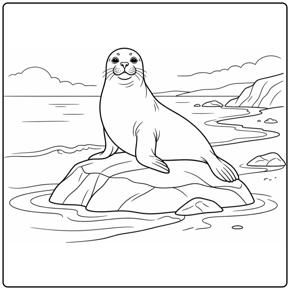 Sea animal coloring page showing a seal on a seaside rock
