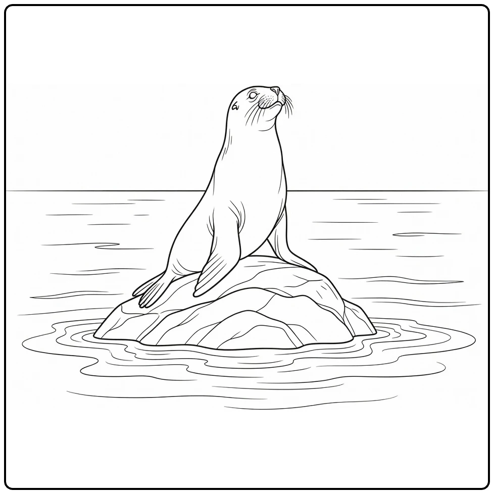 Sea animal coloring page showing a sea lion on a rock