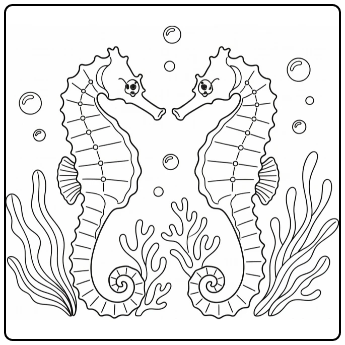 Sea animal coloring page showing two seahorses underwater