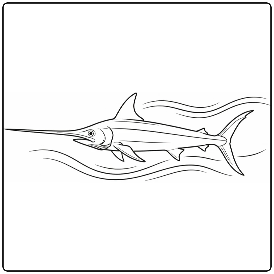 Sea animal coloring page showing a swordfish in motion