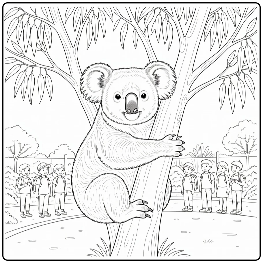 Zoo coloring page showing a koala hugging a eucalyptus tree