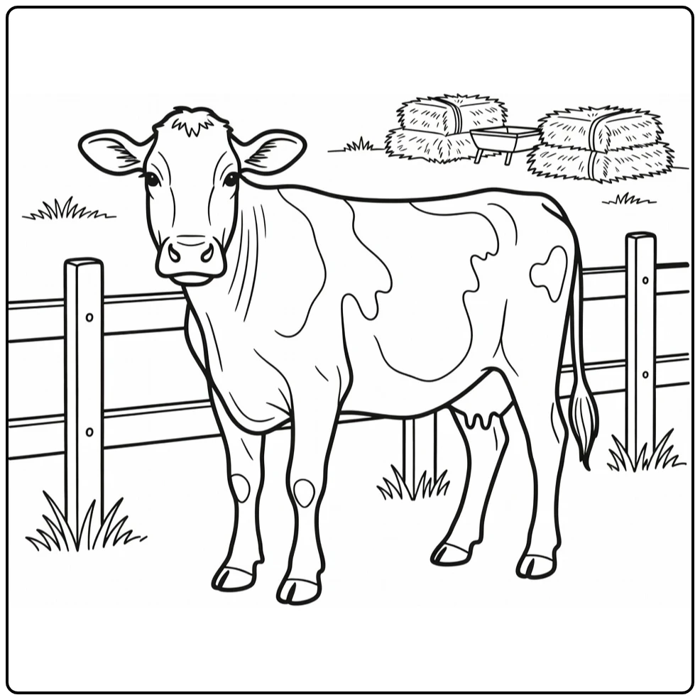 Cow coloring page featuring a farm cow by a fence
