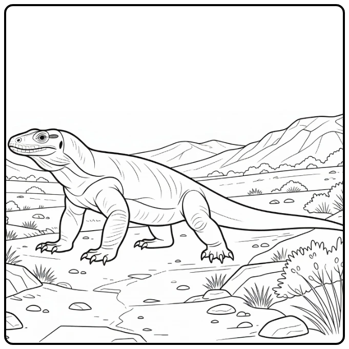 Komodo dragon coloring page showing a reptile on a rocky path