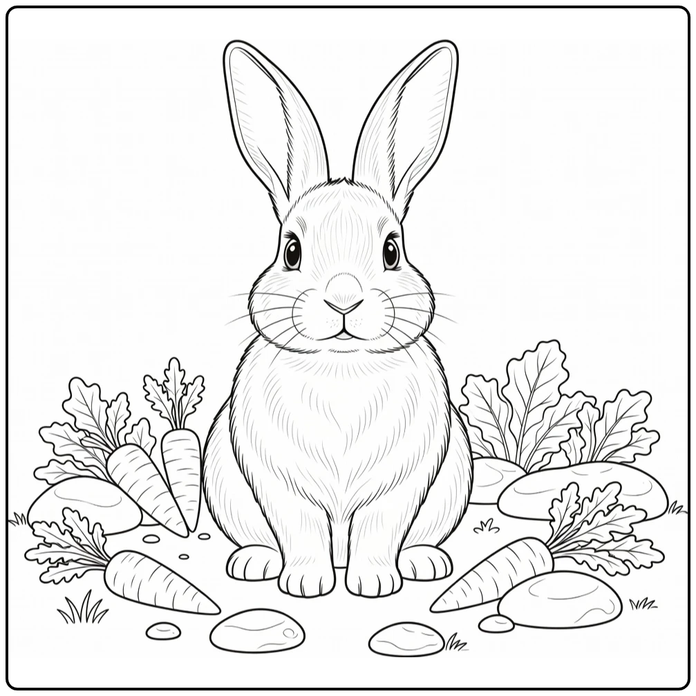 Rabbit coloring page showing a rabbit in a vegetable garden