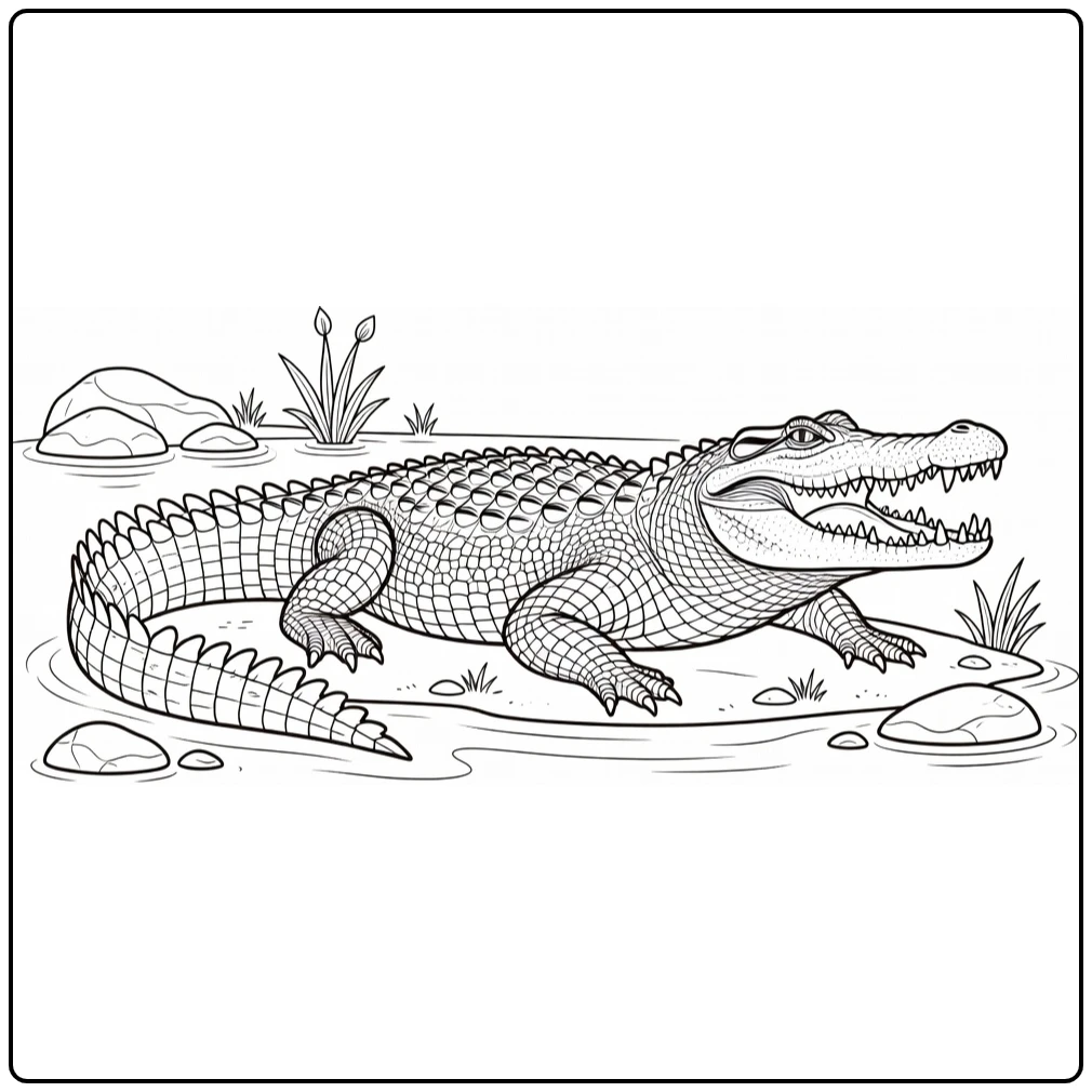 Crocodile coloring page featuring a wild animal by the river