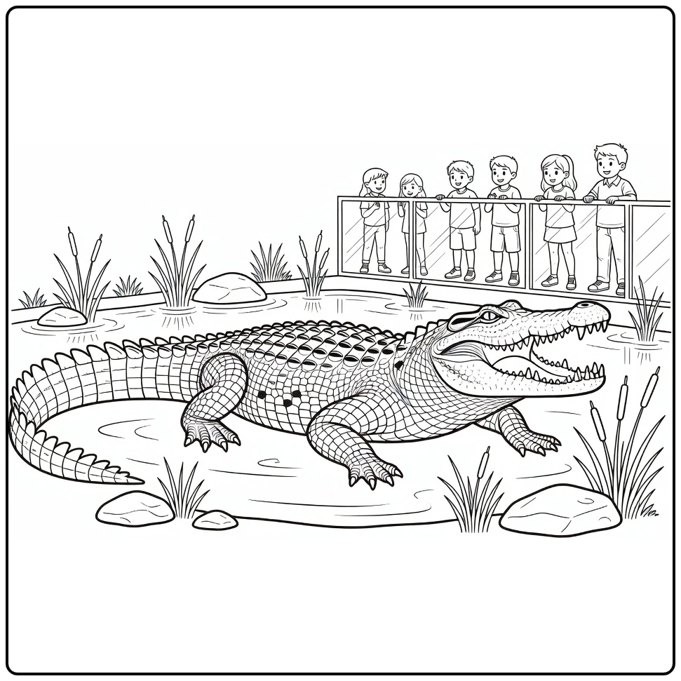 Zoo coloring page showing a crocodile by the water