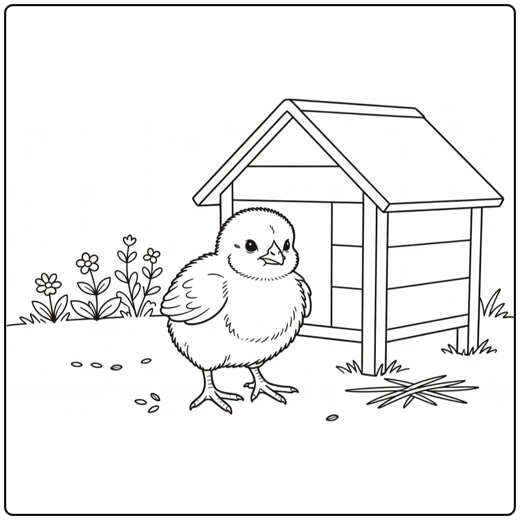 Chick coloring page featuring a baby chick by a coop