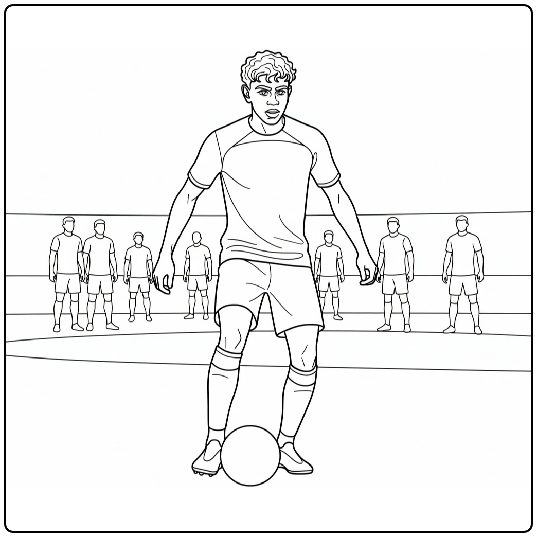 Free-kick coloring page of Lamine Yamal standing behind the soccer ball