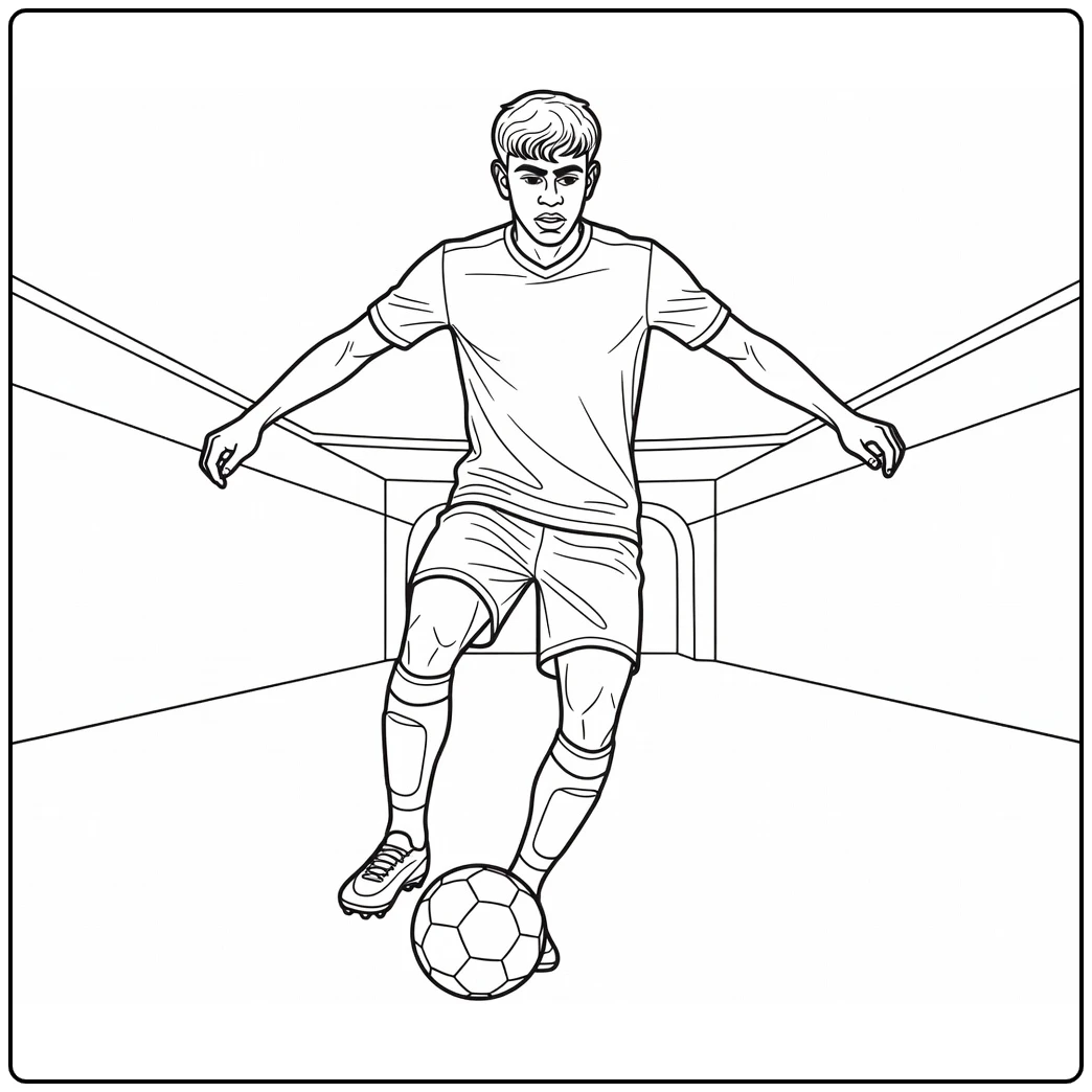 Skill coloring page of Lamine Yamal controlling the ball in a balanced pose