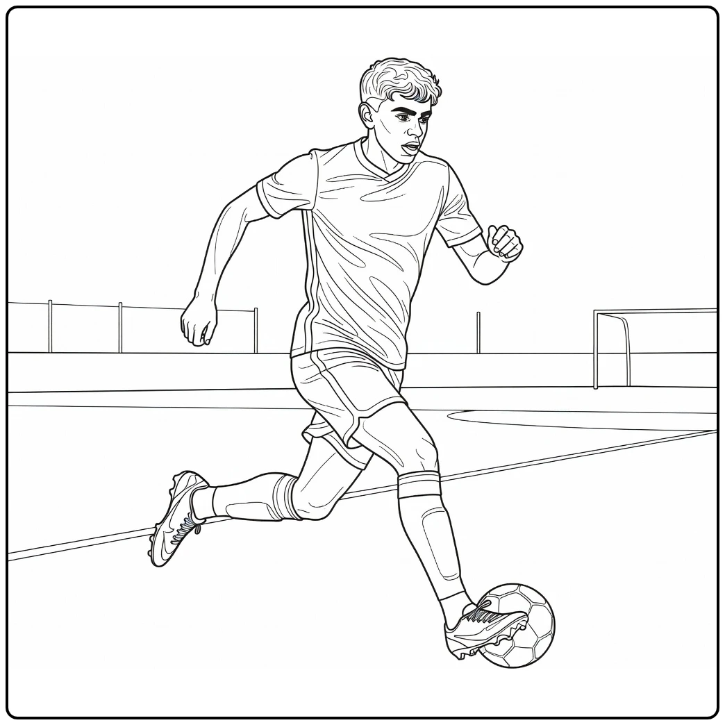 Lamine Yamal coloring page showing the young player dribbling on the wing
