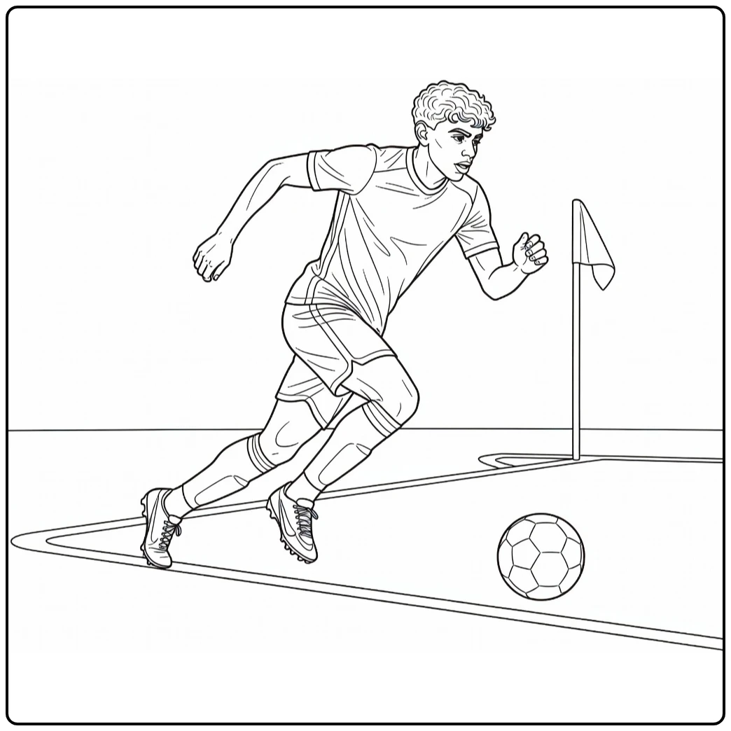 Lamine Yamal coloring page featuring a fast sprint beside the corner flag