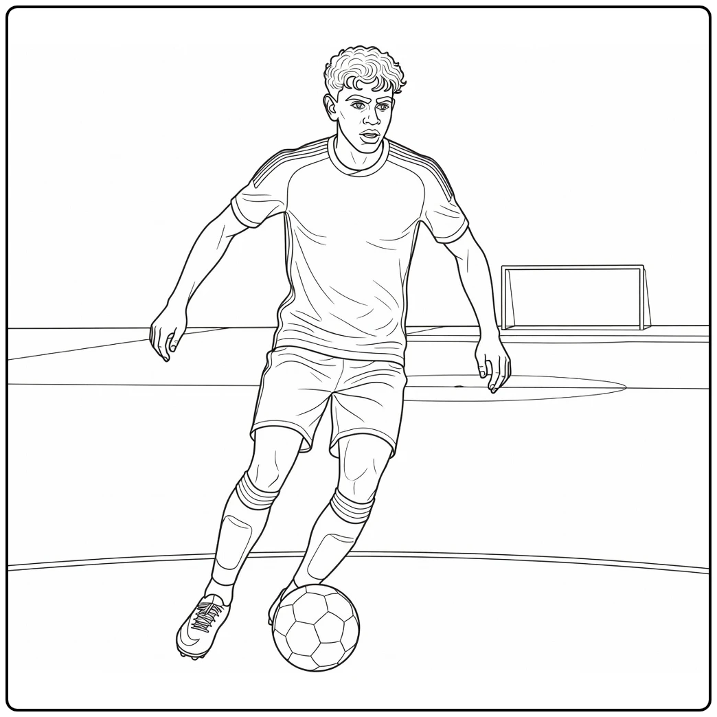 Lamine Yamal coloring page showing the young player with the ball