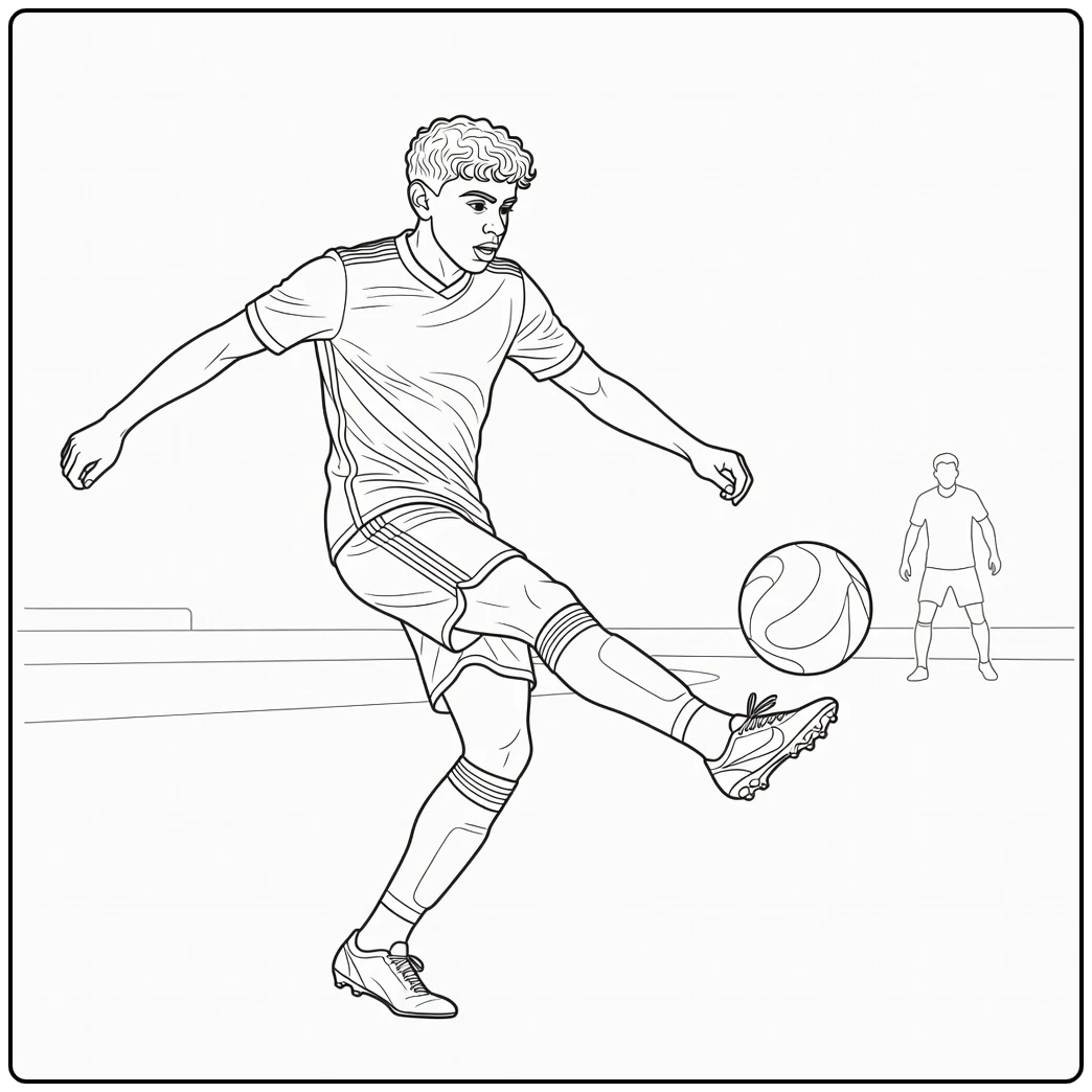 Lamine Yamal coloring page showing a left-footed cross from the wing