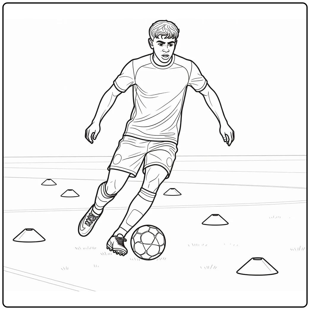 Training coloring page of Lamine Yamal dribbling a soccer ball through cones