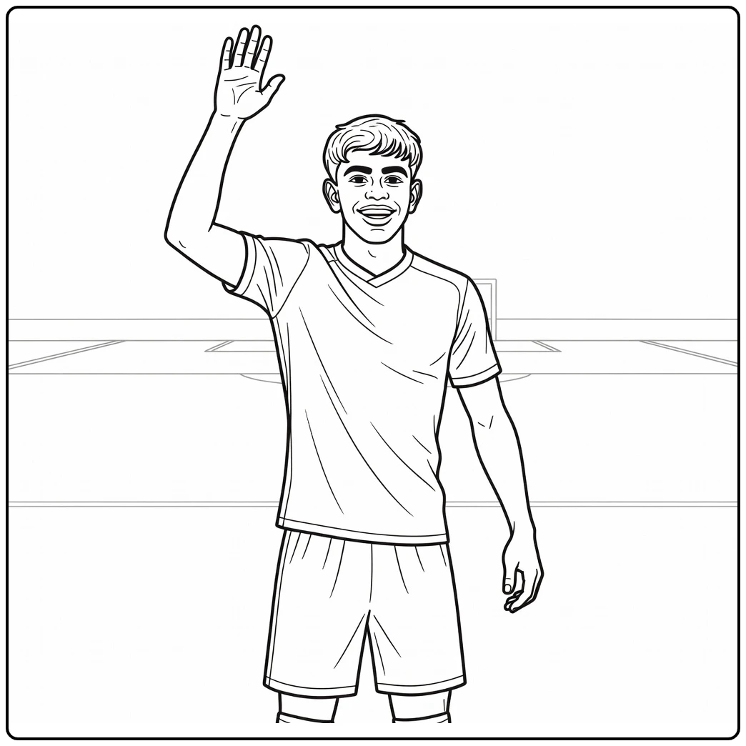 Friendly coloring page of Lamine Yamal waving to soccer fans