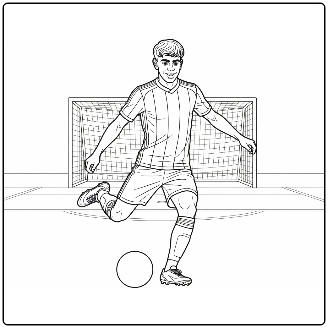 Action coloring page of Lamine Yamal preparing to shoot with his left foot