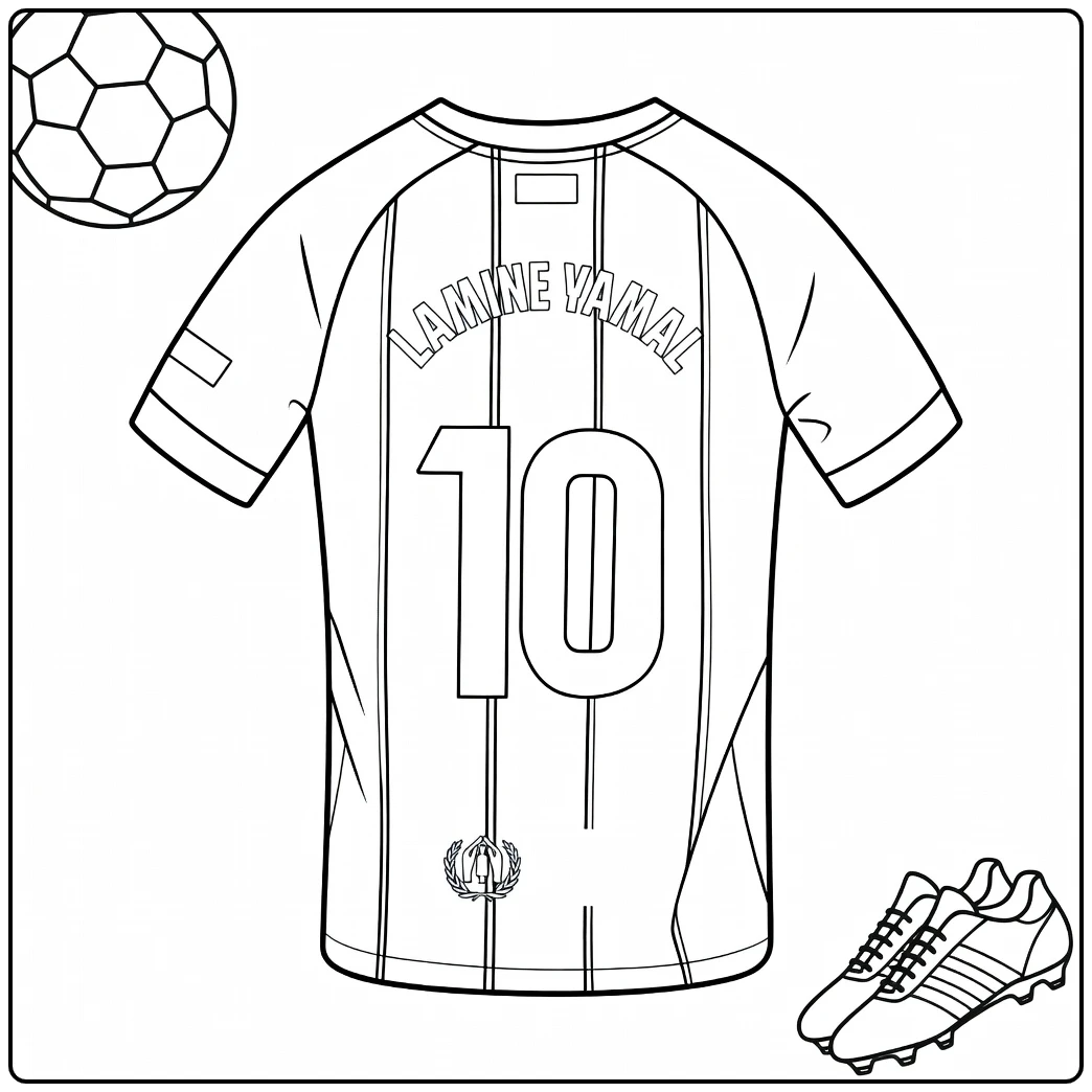 Lamine Yamal jersey coloring page with number 10, soccer ball, and cleats