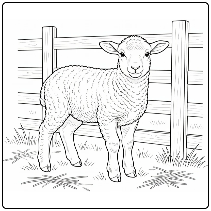 Lamb coloring page featuring a lamb by the pen